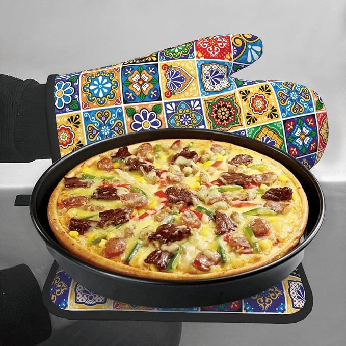 Mexican Talavera Tile Oven Mitts and Pot Holders Sets of 3, Heat Resistant - Image 4