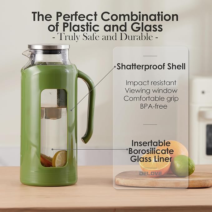 Delove Glass Pitcher with Lid & Shatterproof Shell – Heat-Resistant - Image 2