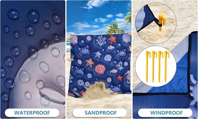 WIWIGO Beach Blanket Waterproof Sandproof Beach Mat 79" X 83"/10'x9'for 2-8 - Image 3