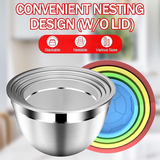 DUTZUN Mixing Bowls with Strainer, Mixing Bowl with Lids Set, Stainless Steel - Image 4
