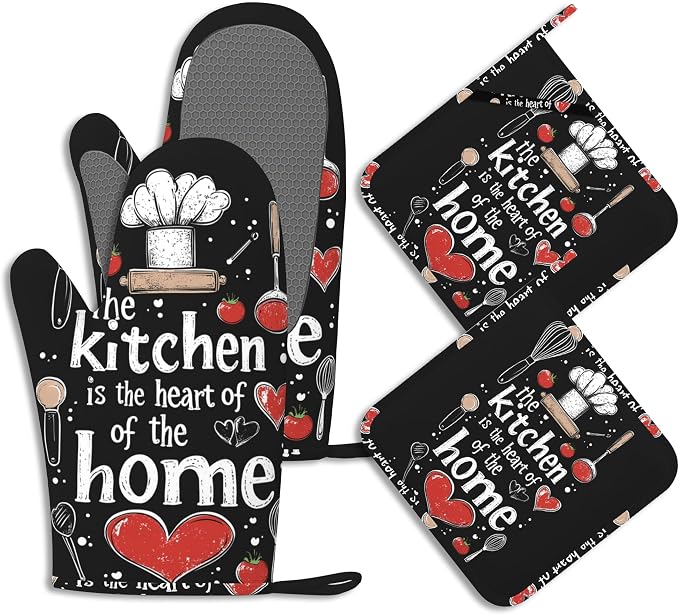 Funny Oven Mitts and Pot Holders Sets of 4 The Kitchen is The Heart of The Home by BIGXIUKA