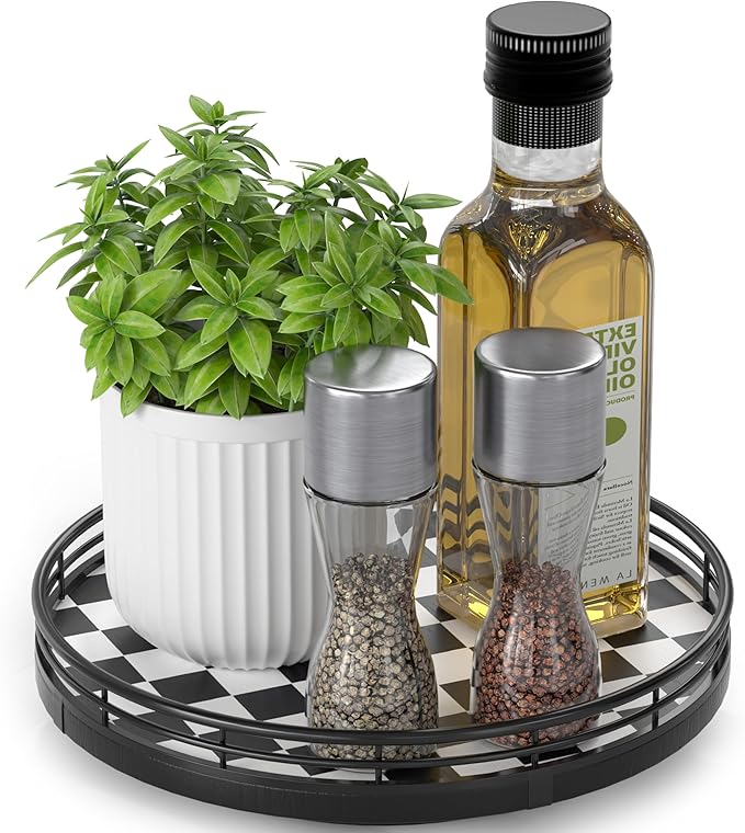 Black and White Kitchen Lazy Susan Turntable – Checkered Round Decorative Tray by AMH