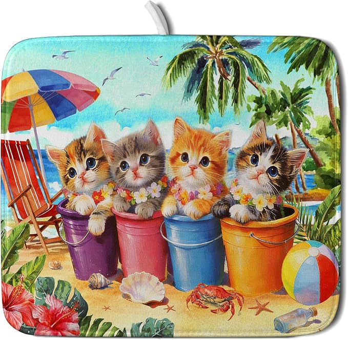 Lovely Cat Dish Drying Mat for Kitchen Counter Holiday Beach Absorbent Coffee by Giwawa