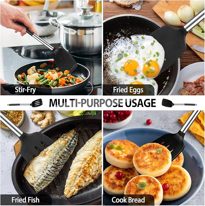 Pack of 4 Large Silicone Cooking Spatulas and Spoons, Slotted and Solid - Image 4