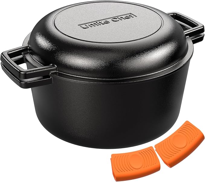 2-in-1 Pre-Seasoned Cast Iron Double Dutch Oven Pot by UmiteChef