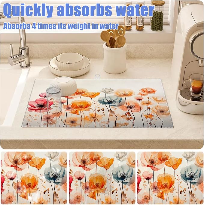 Poppy Dish Drying Mat for Kitchen Counter Wild Flower Drying Pad Absorbent - Image 4
