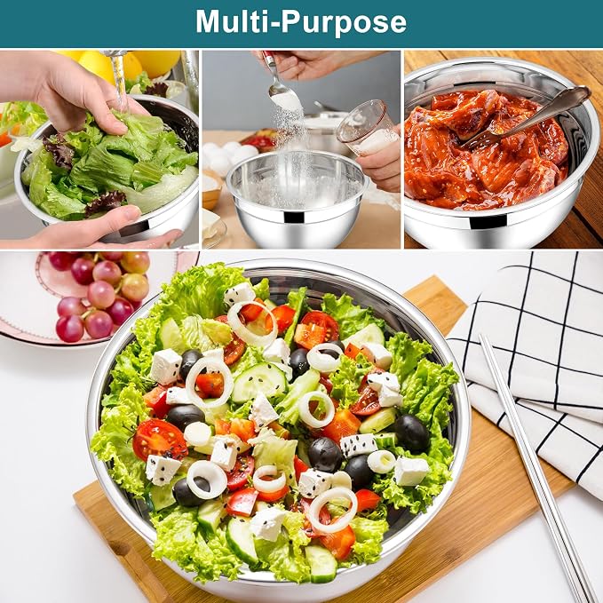 E-far Mixing Bowls with Lids, 6-Piece Stainless Steel Salad Bowls Metal Nesting - Image 4