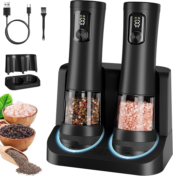 Electric Salt and Pepper Grinder Set, Automatic Refillable Salt and Pepper by Flelano