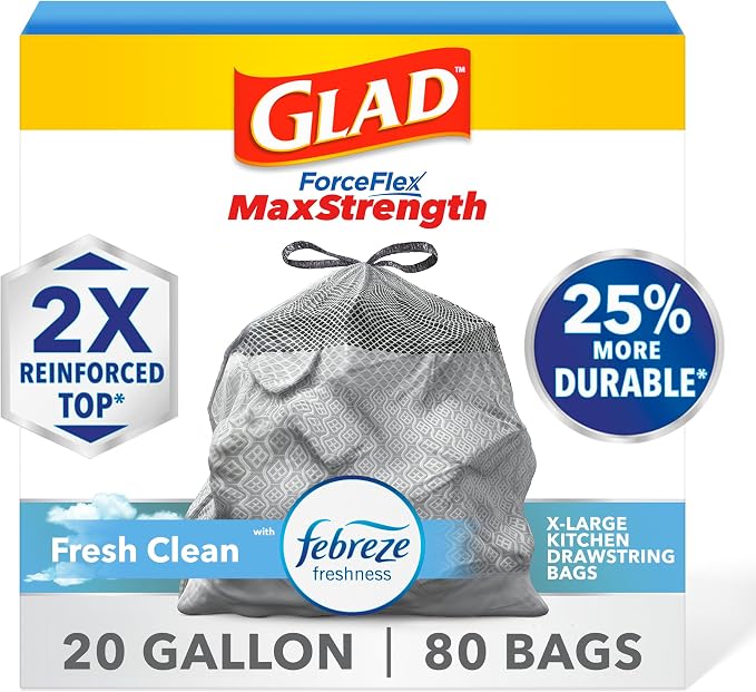 Glad ForceFlex MaxStrength XL Kitchen Trash Bags, 20 Gal, Fresh Clean, 80 Ct by GladTrashFoodStorage