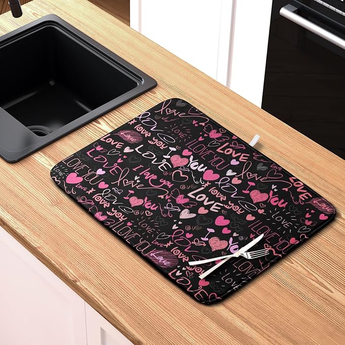 Mother's Day Dish Drying Mat for Kitchen Counter Love Heart Black Drying Mats - Image 6