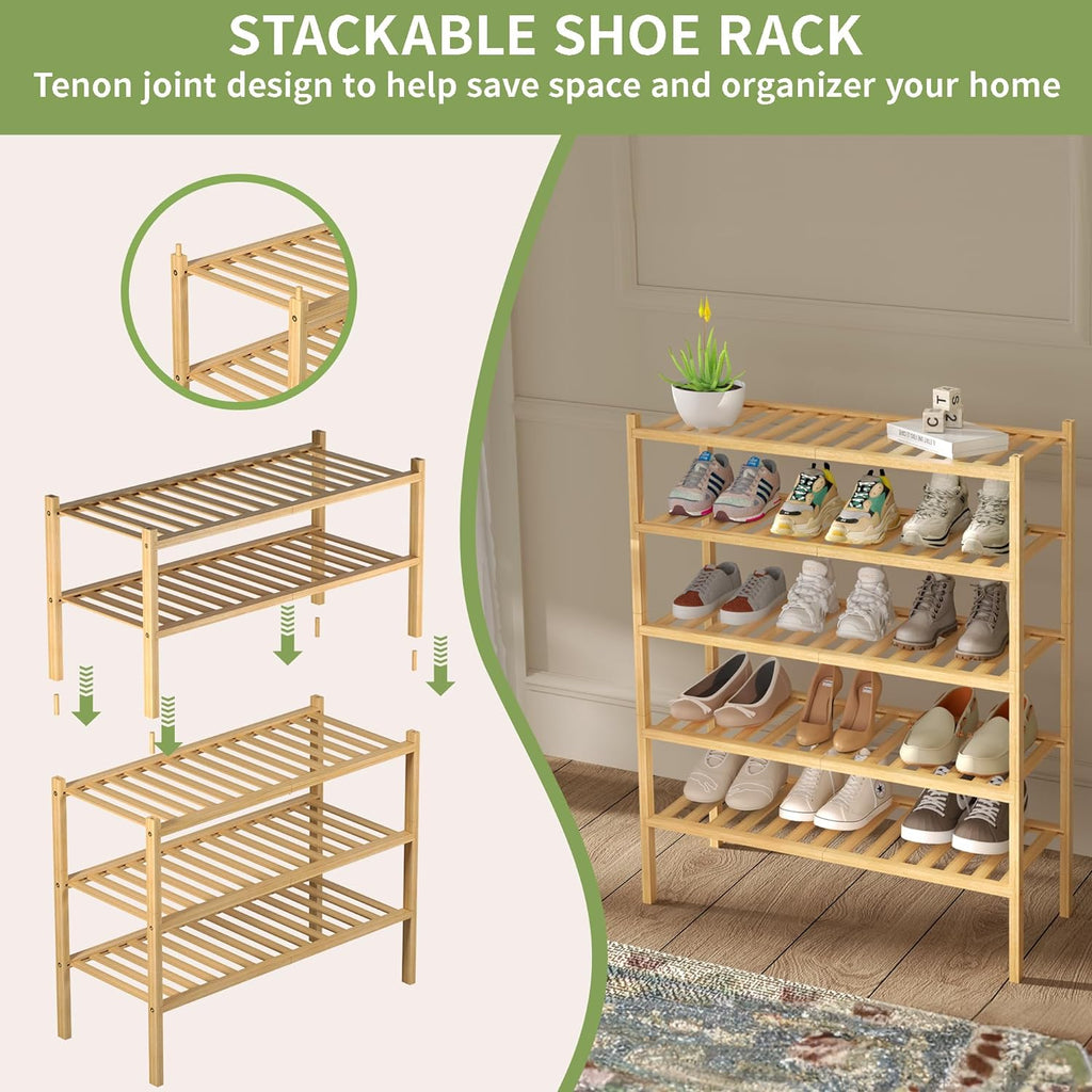 ROMGUAR CRAFT 3 Tier Bamboo Shoe Rack for Closet Free Standing Wood