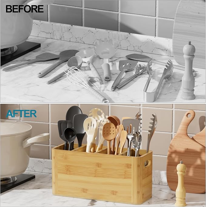 Bamboo Utensil Holder for Kitchen Counter, Extra Large Utensil Organizer for - Image 6
