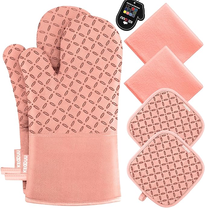 KEGOUU Oven Mitts and Pot Holders 6pcs Set, Kitchen Oven Glove High Heat by KEGOUUOvenMitt