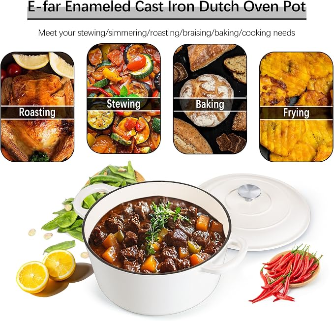E-far Dutch Oven Pot with Lid, 5 Quart Enameled Cast Iron Round Dutch Oven - Image 3