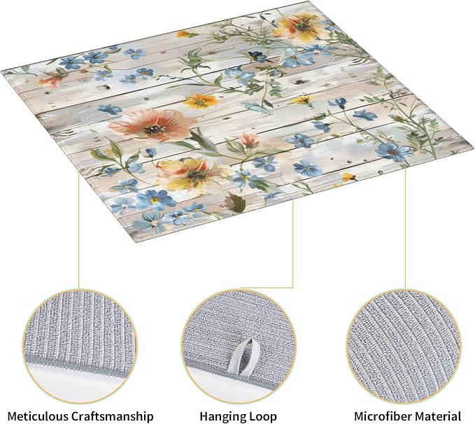 Flowers on Wooden Board Dish Drying Mat 16x18 Inch, Microfiber Absorbent Fast - Image 3