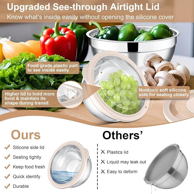 E-far Mixing Bowls with Lids and Graters, Stainless Steel Salad Mixing Bowl - Image 2