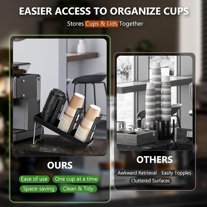 Paper Cup and Lid Holder, Disposable Coffee Cup Dispenser, 3-Slot Upright Paper - Image 4