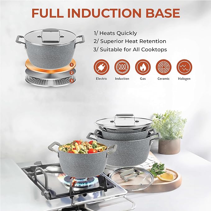 Granitestone Gray Pots and Pans Set Nonstick, 6 Stackable Piece Cooking Pots Set - Image 4