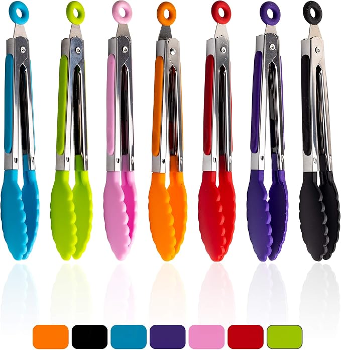 7 Pack Kitchen Tongs Set 7-Inch Color Mini Small Food Tongs - Image 7