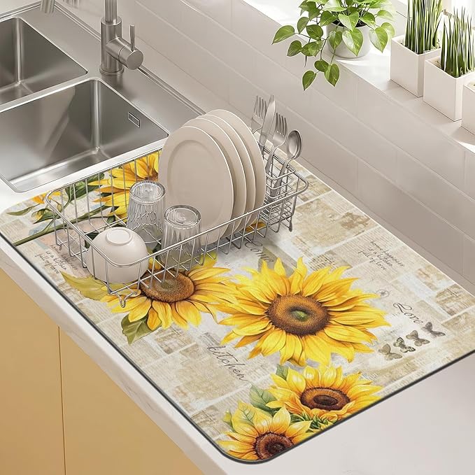 Kitchen Countertop Dish Drying Mat, Super Absorbent Coffee Bar Mat by Kuyig+Home