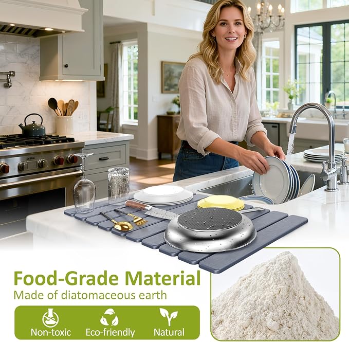 Large Stone Dish Drying Mat for Kitchen Counter, Collapsible Quick Dry Stone - Image 5
