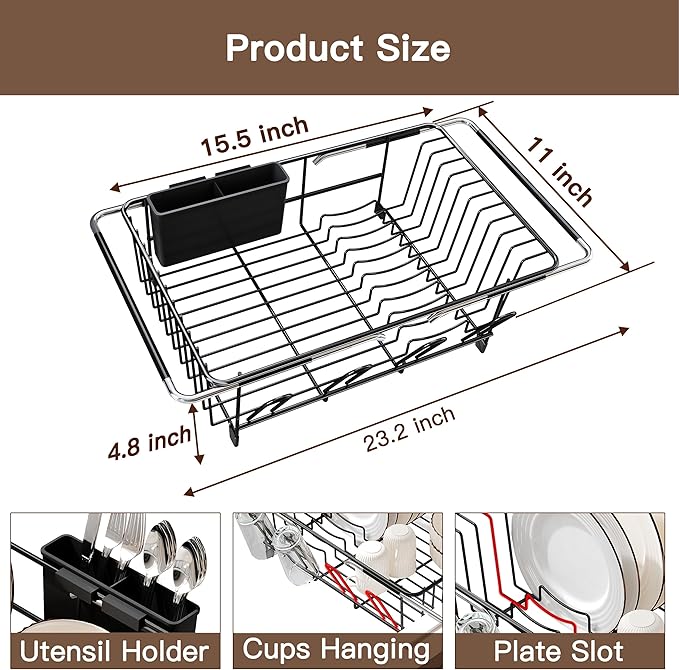 Over the Sink Expandable Dish Drainer Drying Rack In Stainless Steel - Image 2