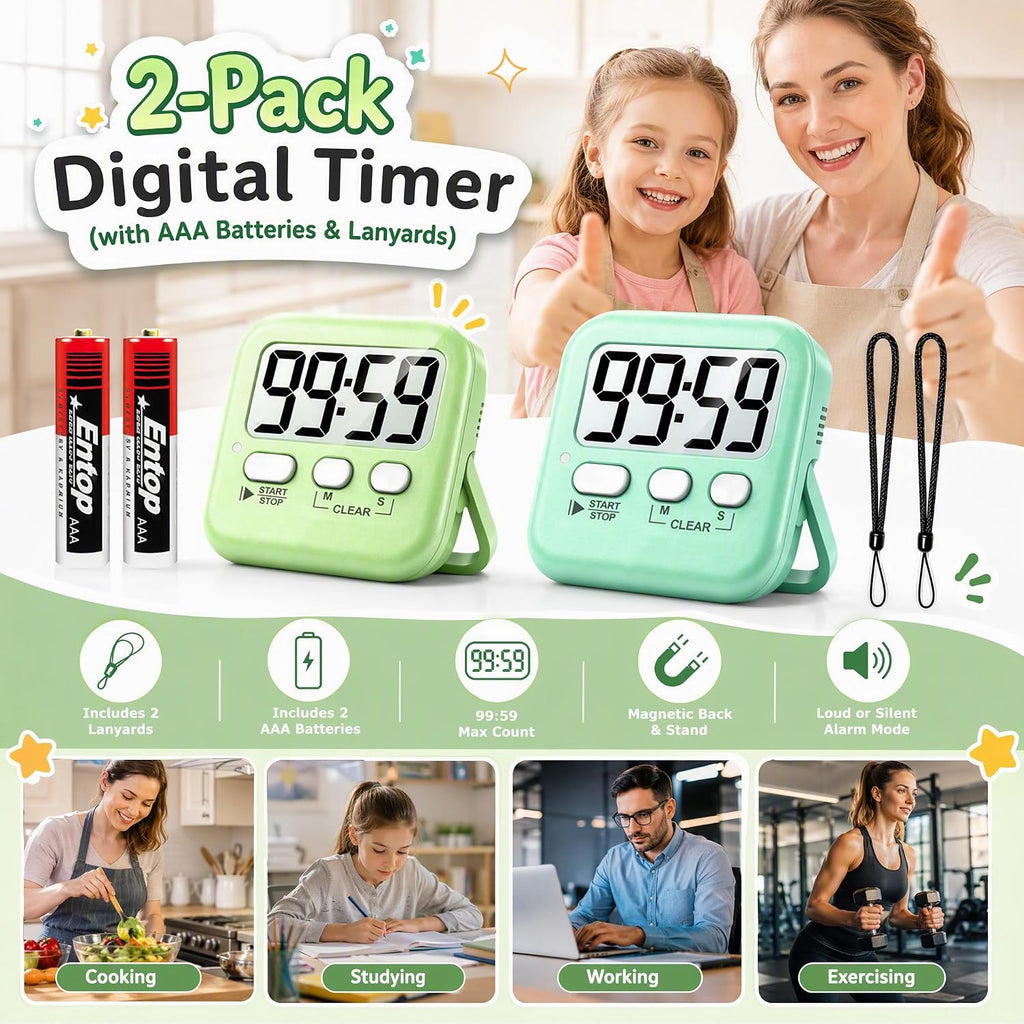2 Pack Digital Timer with Battery & Lanyards for Classroom Kitchen