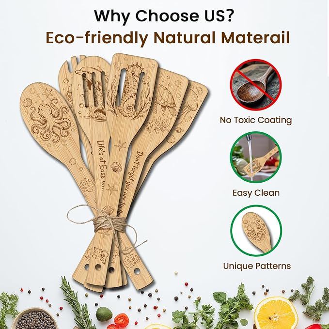 CUTHOLLOW 6PCS Marine Animals Wooden Kitchen Cooking Utensil Set, 11.9in Non - Image 3