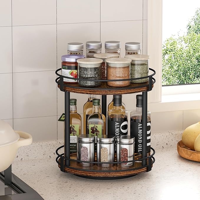 Snughome Rotating Spice Rack, 2 Tier Lazy Susan Organizer, Wood Kitchen - Image 2
