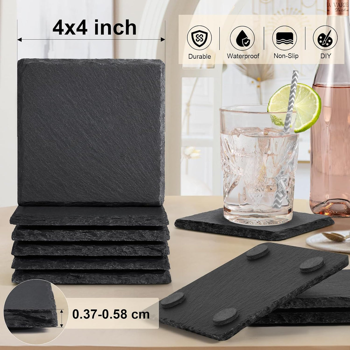 4 Inch Square Black Slate Stone Drink Coasters Set of 12
