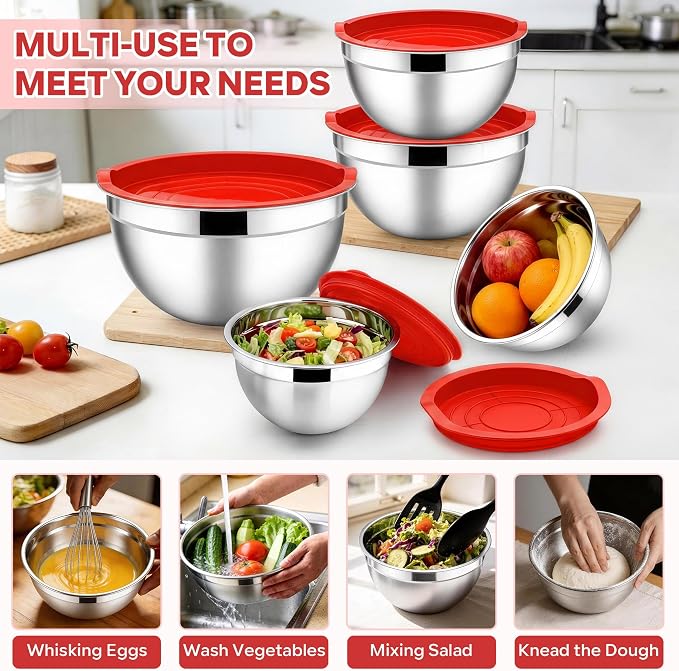 E-far Mixing Bowls With Lids Sets of 5, 10-Piece Stainless Steel Salad Metal - Image 5