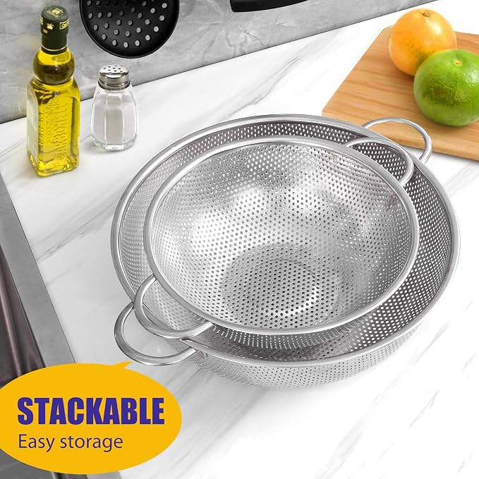 E-far 3QT & 5QT Colander Set of 2, Stainless Steel Micro-Perforated Colander - Image 6
