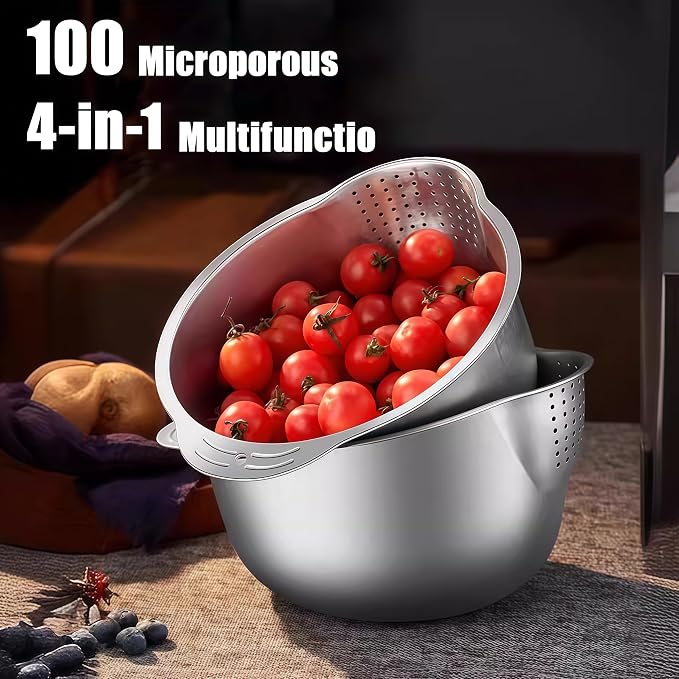 Rice Washer Strainer Bowl, Stainless Steel Washing Bowl - Image 3