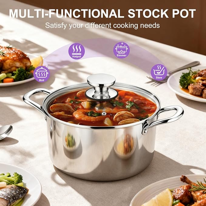 P&P CHEF 5 Quart Tri-Ply Stainless Steel Stock Pot, 5 Qt Stockpot Pasta Cooking - Image 6