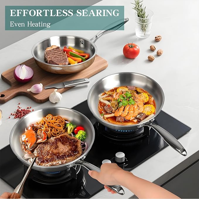 EWFEN Pots and Pans Set, 3 Ply 11 Piece Stainless Steel Cookware Set, Oven - Image 4