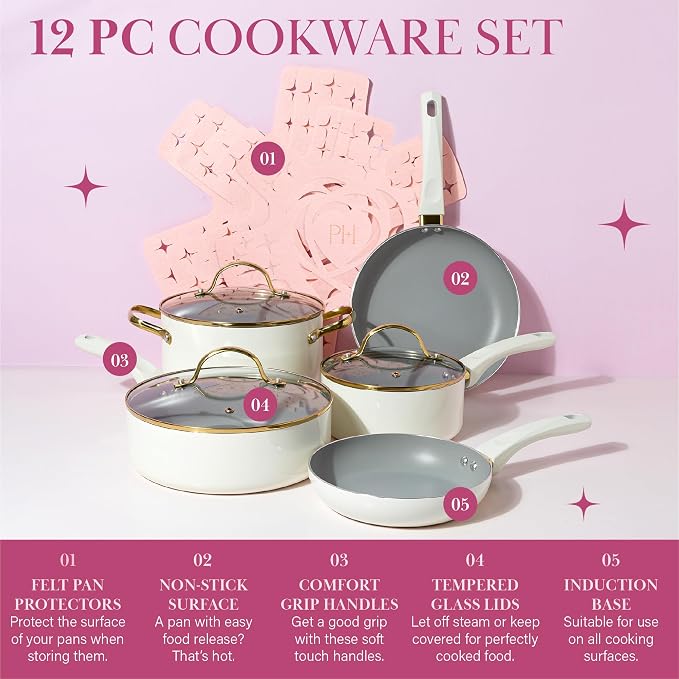 Paris Hilton Epic Nonstick Pots and Pans Set, Tempered Glass Lids, Soft Touch - Image 3