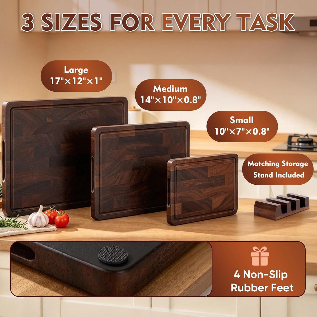 3 Pack Walnut Wood Cutting Boards For Kitchen End Grain Wooden Board