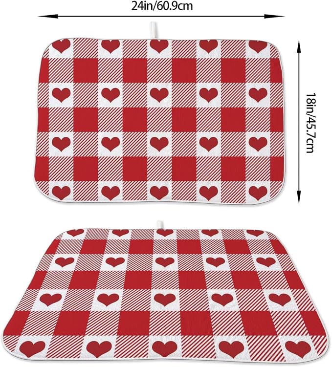 Happy Valentines Day Dish Drying Mat 18 x 24 inch Red Checkered Love Hearts - Image 2