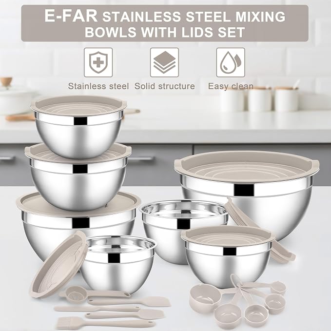 E-far Mixing Bowls with Lids Set, Size 7, Nesting Design & Khaki Airtight Lid - Image 7