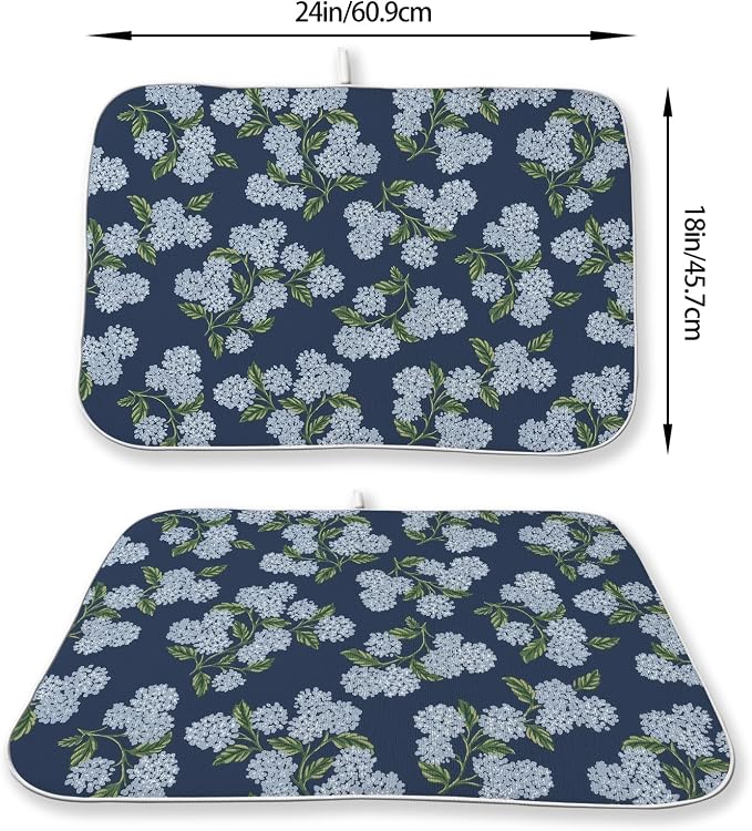 Navy Blue Dish Drying Mat 18x24 Inch Blue Green Vintage Floral Hydrangea Flower - Image 2