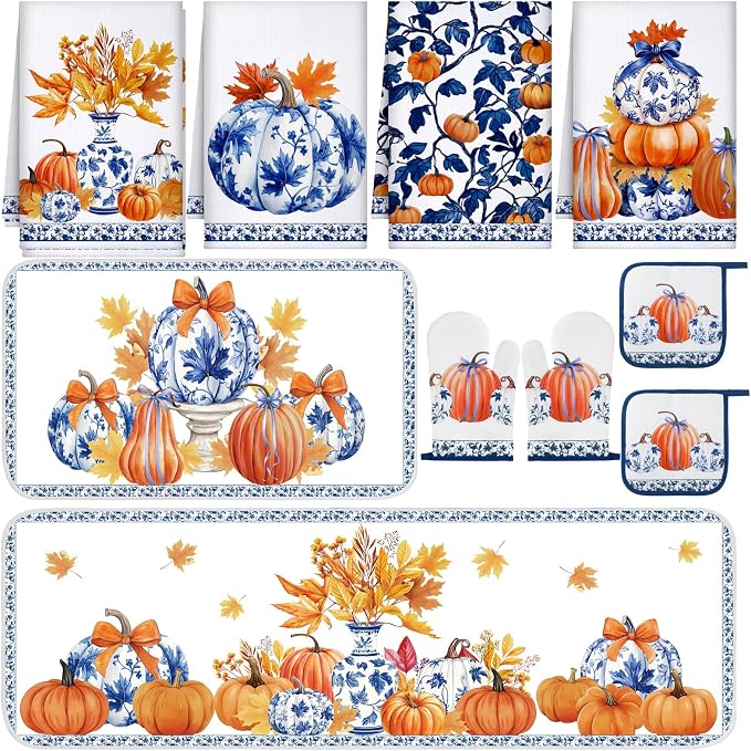Fanfanwin 10 Pcs Thanksgiving Pumpkin Kitchen Decor Set Kitchen Towels Pot by Fanfanwin