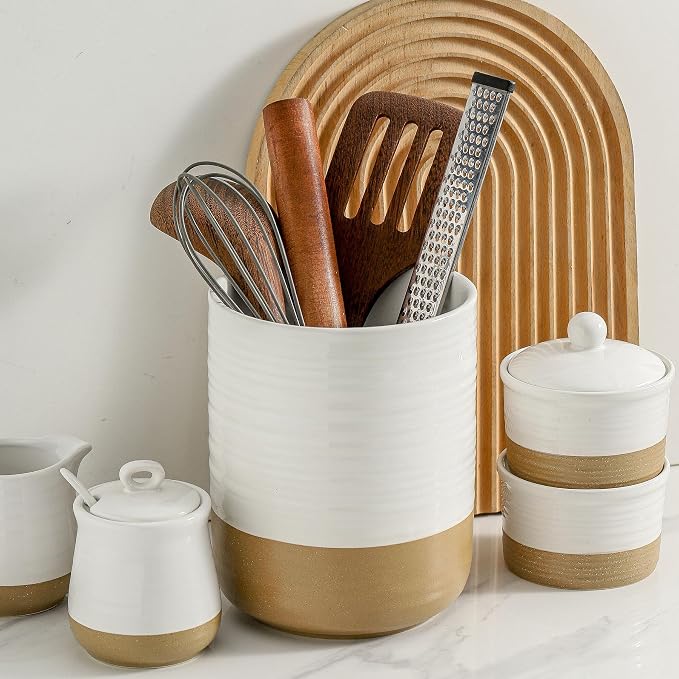 HASENSE Utensil Holder, 7.4" x 6.2" Ceramic Utensil Holder - Image 3