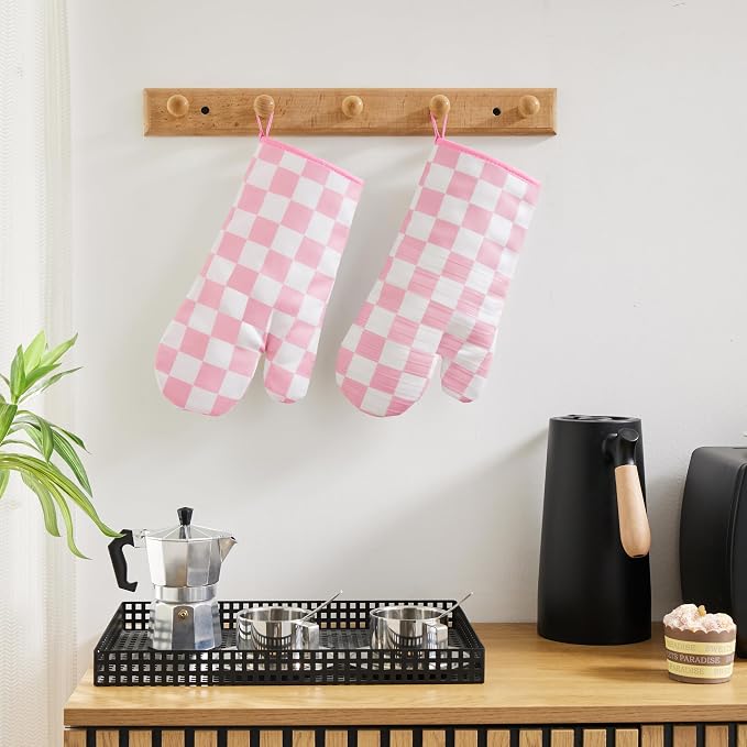 Ohocut Pink Checkered Oven Mitts Heat Resistant, Vintage Retro Checkerboard - Image 4