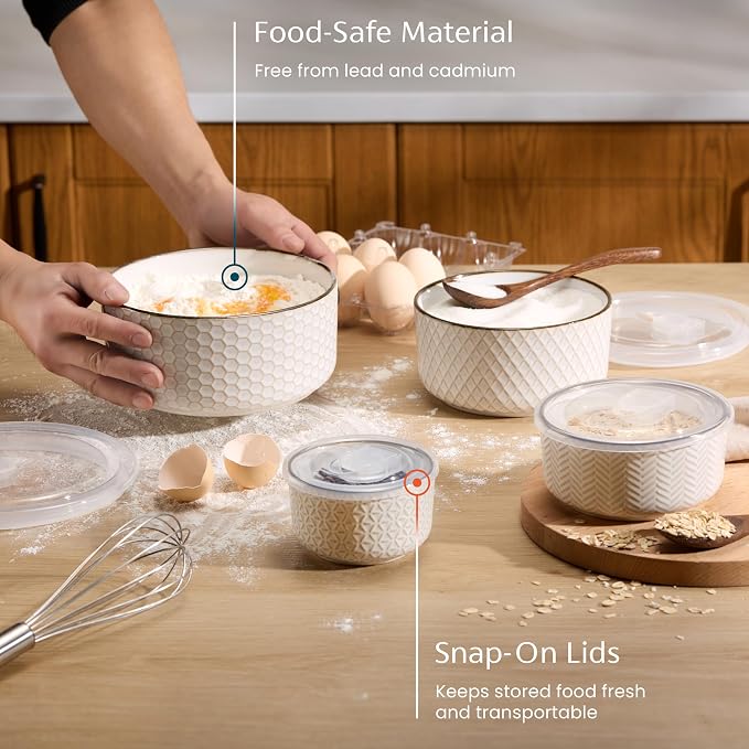 KooK Serving Bowls, with Lids, Ceramic Nesting Bowls, Microwave and Dishwasher - Image 2