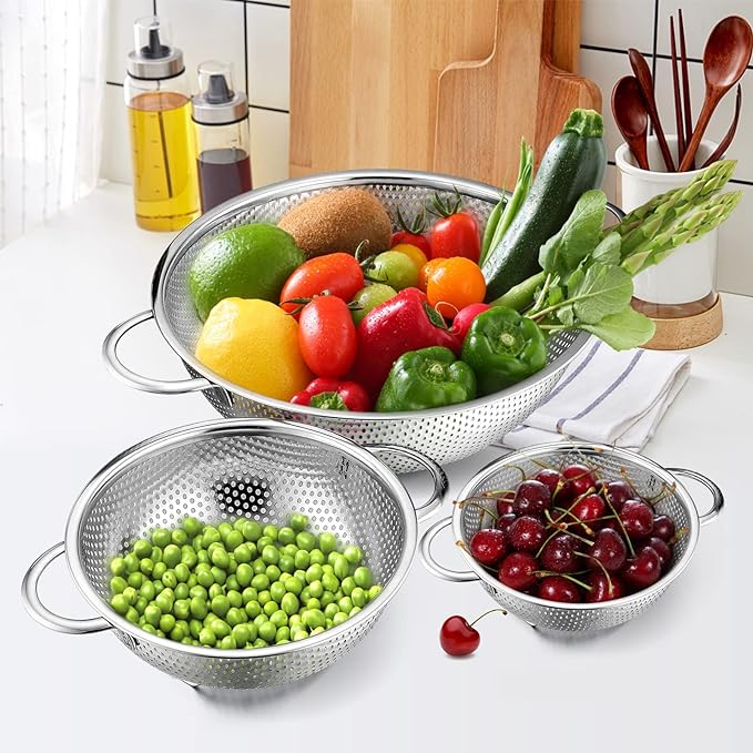 E-far Stainless Steel Colander Set of 3, Micro-Perforated Metal Colander - Image 6