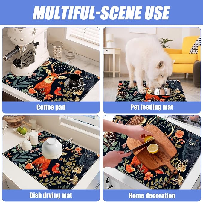 Vintage Deer Dish Drying Mat for Kitchen Counter Wild Animals Drying Pad - Image 7