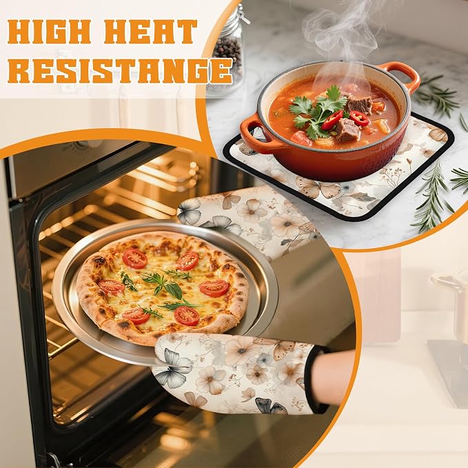 Butterfly Oven Mitts and Pot Holders, Boho Floral Flower Heat Resistant Oven - Image 6