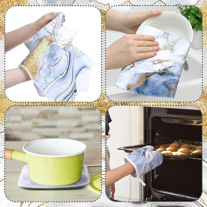 Leinuosen 8 Pcs White Marble Kitchen Decor Dish Towels and Oven Mitts Sets Pot - Image 6