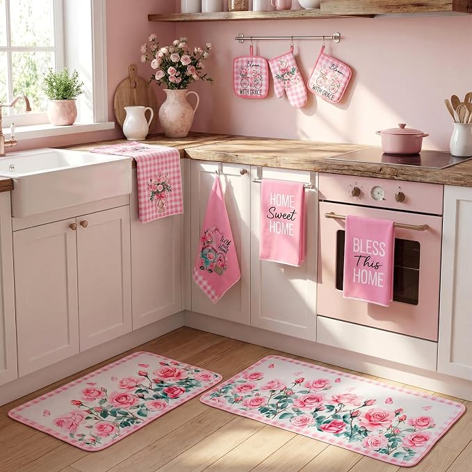 Fourluoo 10 Pcs Pink Rose Kitchen Decor Set Towels and Rugs Oven Mitts and Pot - Image 2