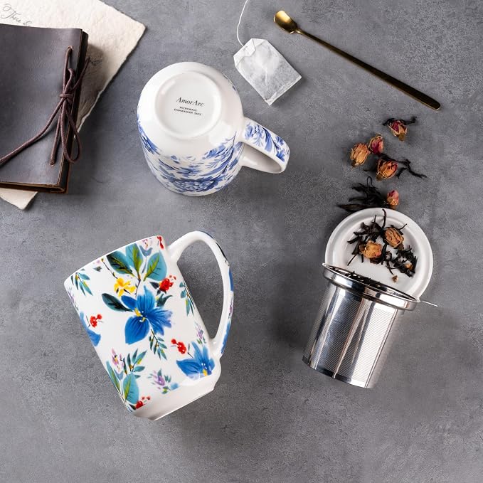 AmorArc Porcelain Tea Mug with Infuser and Lids, 18 Oz Coffee Cup Strainer with - Image 5